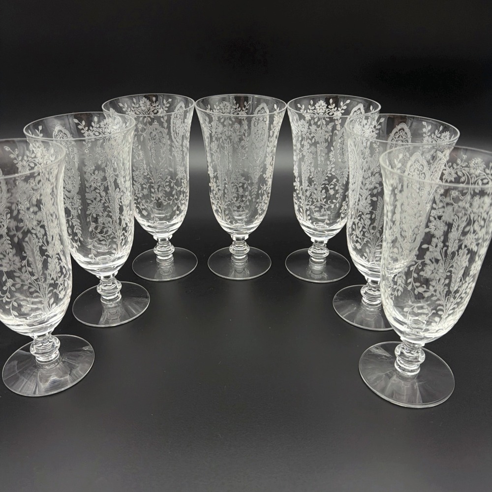 VTG Tiffin-Franciscan June Night Set Of 7 Etched Crystal Water Goblets Floral